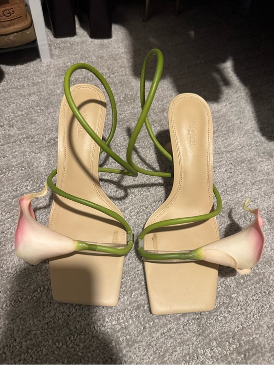 cult gaia Shoes - cult gaia Beige Square-Toe Heeled Sandals with Green Wrap Straps